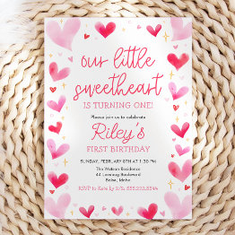 Small Pink Hearts Our Little Sweetheart Birthday Invitation Front View