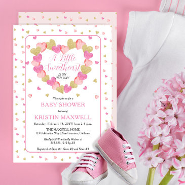 pink hearts wreath a little sweetheart baby shower invitation