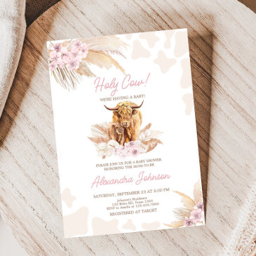 pink highland cow baby shower invitation