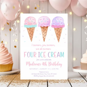 pink ice cream fourth birthday invitation