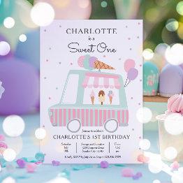 Small Pink Ice Cream Truck Sweet One 1st Birthday Party Invitation Front View