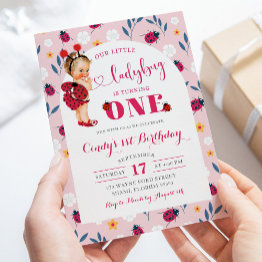 Small Pink Ladybug Blonde Girl First Birthday Invitation Front View
