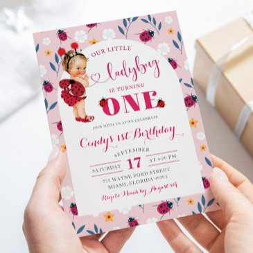 pink ladybug blonde girl first birthday invitation