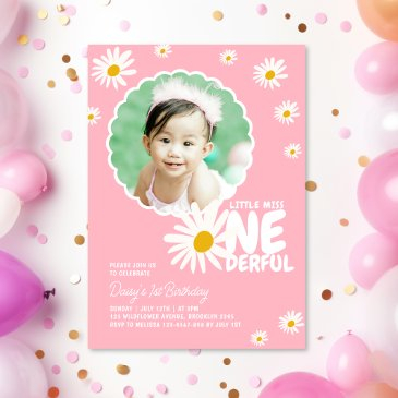 pink little miss onederful daisy photo birthday invitation