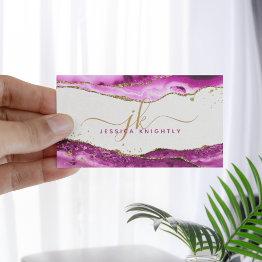 Small Pink Magenta Agate Gold Glitter Monogram Script Business Invitations Front View
