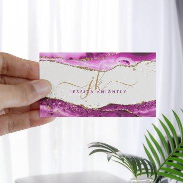 pink magenta agate gold glitter monogram script business invitations