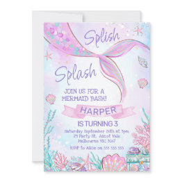 Small Pink Mermaid Tail Under The Sea Birthday Invitation Front View