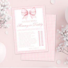 Small Pink Mommy Or Daddy Bow Gingham Baby Shower Game Invitation Front View