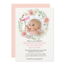 Small Pink N Ivory Roses Wreath Annaprashan Baby Girl Invitation Front View