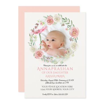 pink n ivory roses wreath annaprashan baby girl invitation