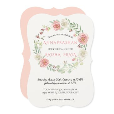 pink n white rose wreath annaprashan baby girl invitation