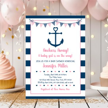 pink navy girl nautical anchor baby shower invitation