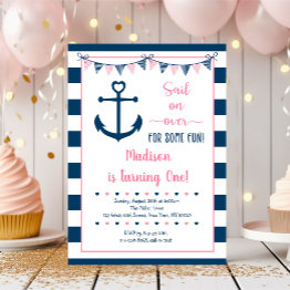 Small Pink Navy Girl Nautical Anchor First Birthday Invitation Front View
