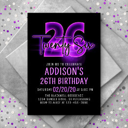 Small Pink Neon 26th Birthday Invitation Front View