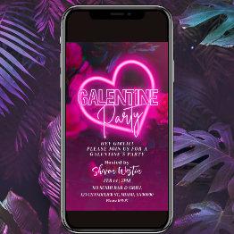 Small Pink Neon Heart Galentine Party Invitation Front View