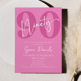 Small Pink Ninety 90th Ninetieth Birthday Party Invitation Front View