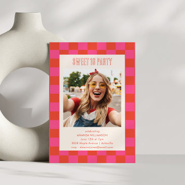 pink orange checkerboard sweet 16 party photo invitation