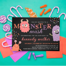 Small Pink Orange Monster Mash Halloween Party Invitation Front View