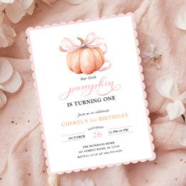 Small Pink Orange Pumpkin Bow Girl First Birthday Invitation Front View