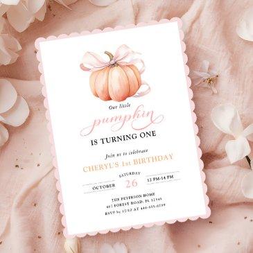 pink orange pumpkin bow girl first birthday invitation