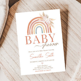 Small Pink Pampas Grass Boho Rainbow Baby Shower Invitation Front View