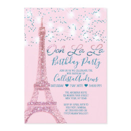 Small Pink Paris Eiffel Tower Glitter Lights Birthday Invitation Front View