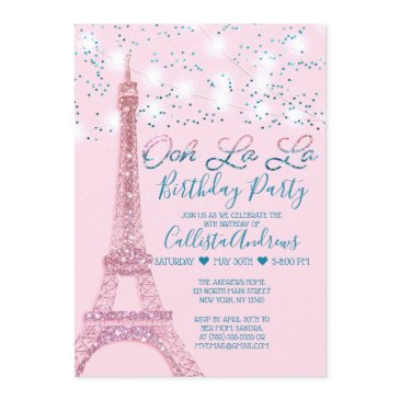 pink paris eiffel tower glitter lights birthday invitation