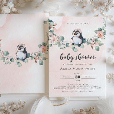pink penguin baby shower girl invitation