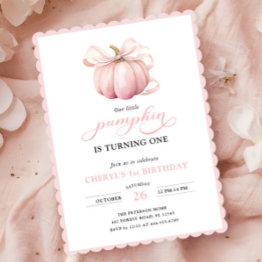 Small Pink Pumpkin Bow Girl First Birthday Invitation Front View