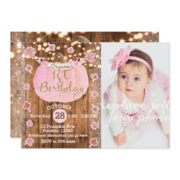 Small Pink Pumpkin Fall Rustic Lights 1st Birthday Photo Invitation Front View
