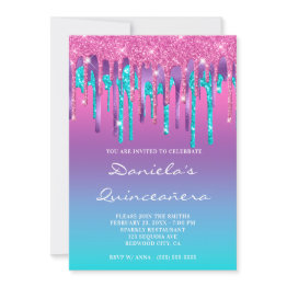 Small Pink Purple Aqua Teal Gradient Drip Quinceañera Invitation Front View