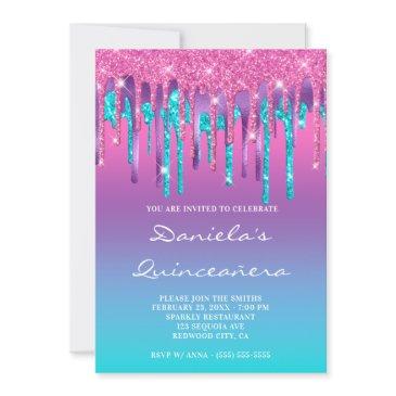 pink purple aqua teal gradient drip quinceañera invitation