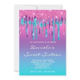 Small Pink Purple Aqua Teal Gradient Drip Sweet Sixteen Invitation Front View