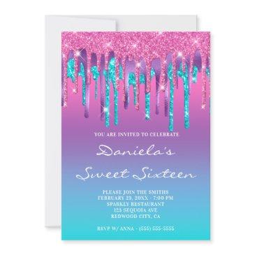 pink purple aqua teal gradient drip sweet sixteen invitation