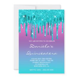 Small Pink Purple Blue Gradient Teal Drip Quinceañera Invitation Front View