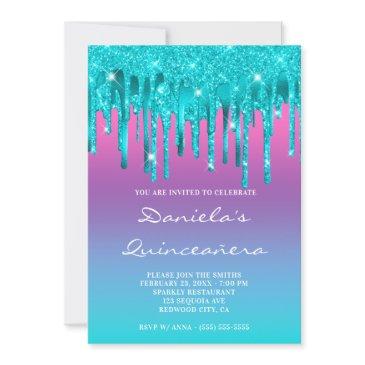 pink purple blue gradient teal drip quinceañera invitation