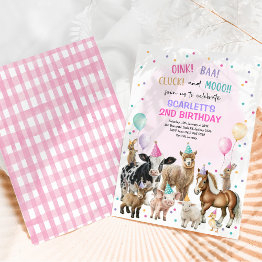 Small Pink Purple Farm Animals Barnyard Birthday Girl Invitation Front View