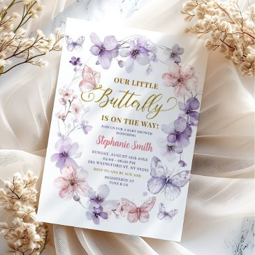 pink purple floral butterfly baby shower invitation