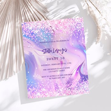 pink purple holographic sweet 16 budget invitation