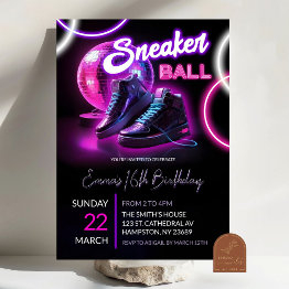 Small Pink Purple Neon Discoball Sneakerball Birthday Invitation Front View
