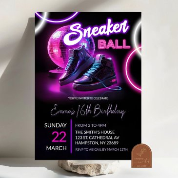 pink purple neon discoball sneakerball birthday invitation