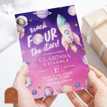 pink purple planet space girl's 4th birthday invitation