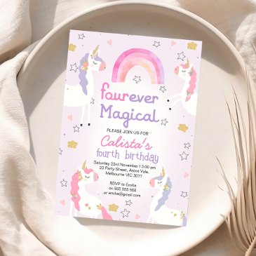 pink purple unicorn fourever magical 4th birthday invitation