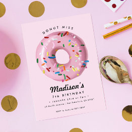 Small Pink Rainbow Sprinkle Donut Birthday Party Invitation Front View