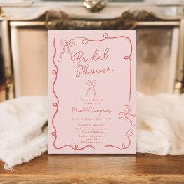 Small Pink Red Bows Ribbons Illustrations Bridal Shower Invitation Front View