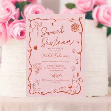 pink red french hand drawn illustrated sweet 16 invitation