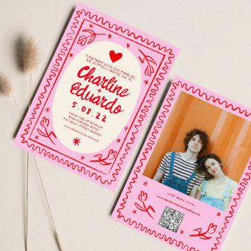 pink red hand drawn wavy retro wedding invitation