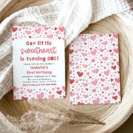 Small Pink Red Hearts Little Sweetheart First Birthday Invitation Front View