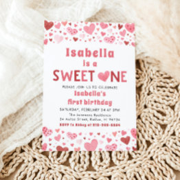 Small Pink Red Hearts Sweet One Valentine First Birthday Invitation Front View