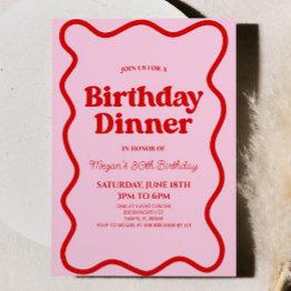 Small Pink Red Retro Wavy Border Birthday Dinner Party Invitation Front View